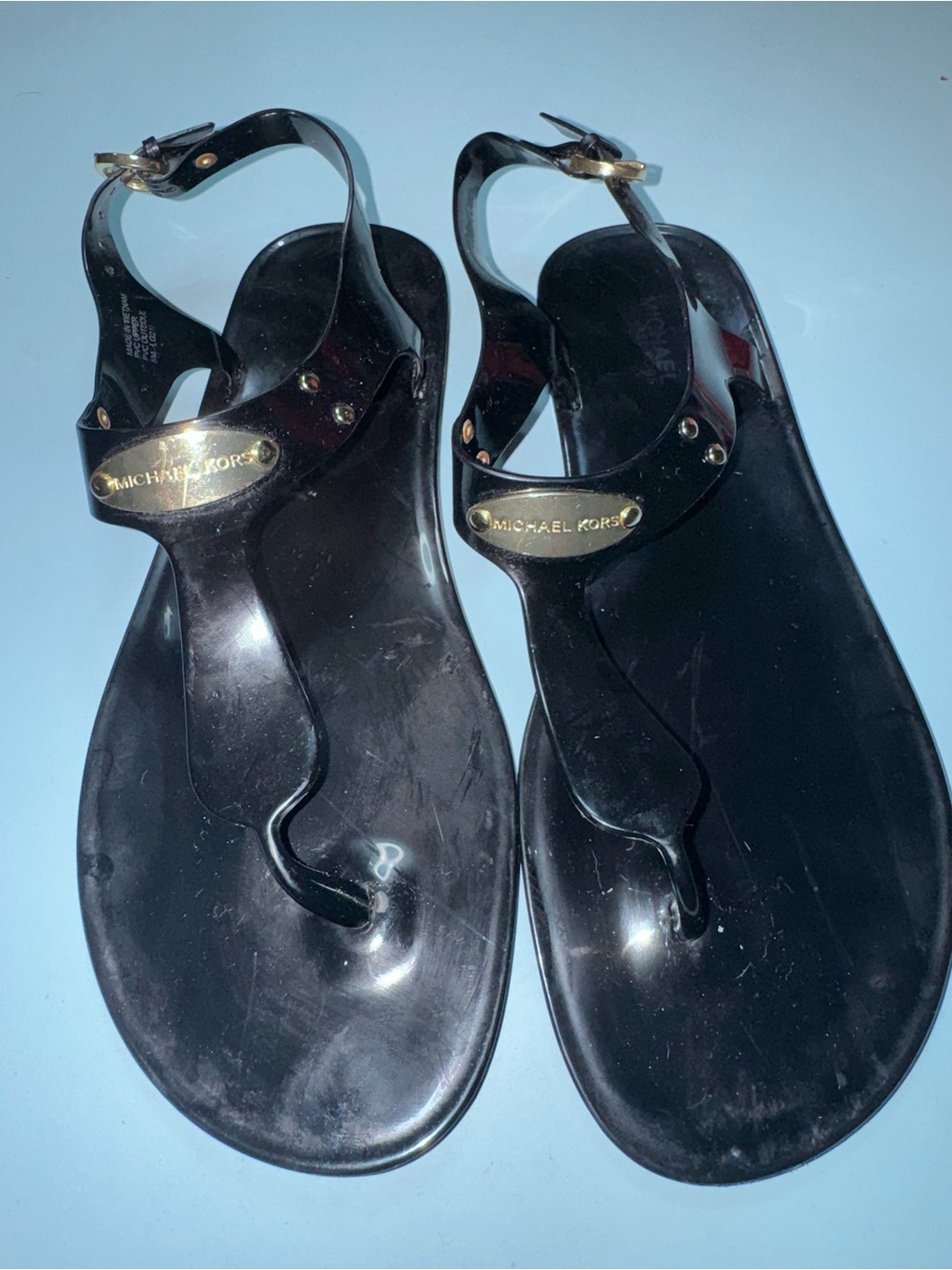 Michael Kors Black Jelly T-Strap Logo Sandals